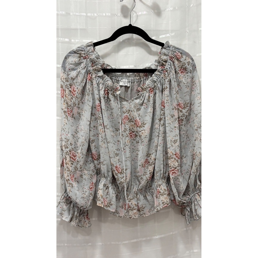 Dress Forum Blue Floral Smocked Peasant Blouse Long Sleeve Ruffle Top Small